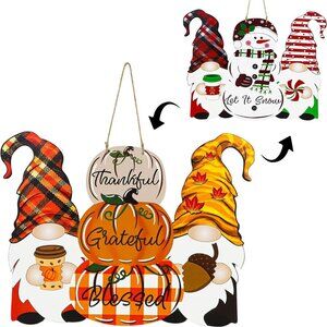 Reversible Fall/Christmas Decor‎ - Thankful Pumpkin & Let It Snow Door Hanger